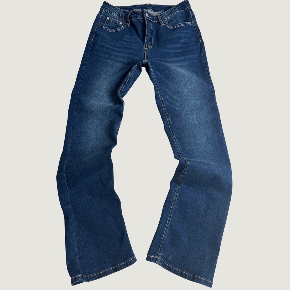 Boho Women Dark Wash Festival Bootcut Y2K Jeans Size‎ S Embroidered Back Pockets